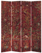 folding screens - red oriental folding screen painted with birds and flowers on antiqued red
