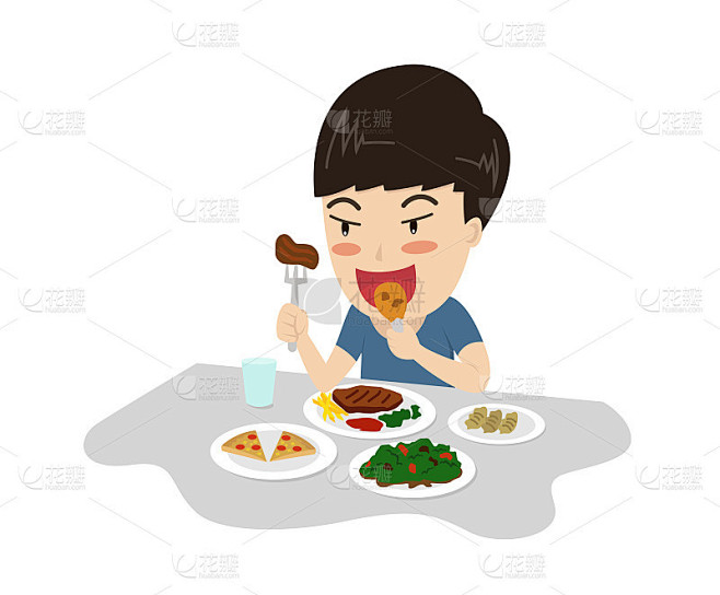 矢量插图的一个男孩喜欢吃一餐美味的桌上-人物卡通