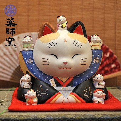 日本药师窑七福神招财猫大号手工陶瓷摆件生...