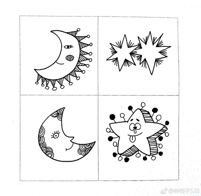 黑白简笔画——太阳、月亮和鱼儿。作者：铃...