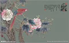 新中式手绘芙蓉花鸟电视背景墙