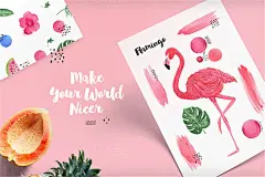 手绘火烈鸟花卉植物花朵树叶绿色大自然树林小鸟小清新粉红绿叶森女时尚点缀线性卡通温暖夏日劲爆劲爽清爽自行车菠萝LOVE情人节海边度假椰子树岛屿卡片素材 含字体