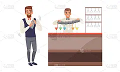 男调酒师站在吧台混合和摇动酒精鸡尾酒矢量插图集