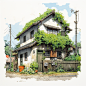 屋根に蔦が絡まる住宅