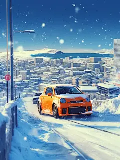 在雪中汽车动态城市海报