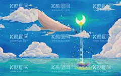 鲸语桌面壁纸  - 源文件下载【酷图网】蓝鲸,桌面壁纸,蓝色大海,云朵,月亮,梯子,梦幻,桌面背景,鲸鱼,