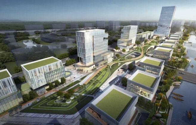 上海智能医疗产业园 一条地景式绿色飘带巧妙地创造了开放的中央绿地空间，通过连接两地块间商业的屋面，东西两个地块被飘带状的地景式廊桥绿地贯穿，在 ...