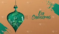 以绿色冬季植物叶子为内饰的3D木纹圣诞装饰品的生态圣诞节网页模板说明。回收纸上的环保网上假日庆祝设计