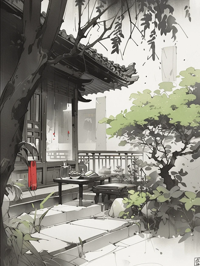 古风插画：庭院-花瓣网