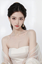 1girl, solo, long hair, （looking at viewer:1.6), smile, simple background, black hair, hair ornament, white background, jewelry, closed mouth, upper body, earrings, makeup, chinese clothes, red lips, tassel earrings, hanfu, realistic，Look at the camera,