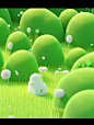 3d green grass and trees in the grass, in the style of playful, whimsical illustrations, delicate flowers, rendered in cinema4d, mori kei, playful cartoons, spiky mounds, white and green