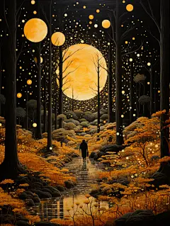 富有想象力的奇幻风景插画海报金黄色