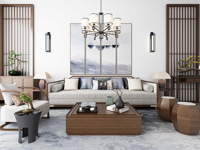 新中式沙发茶几吊灯地毯装饰画组合-室内设...