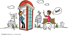 韩国矢量时尚简笔插画 电话亭和坐在椅子上的男孩