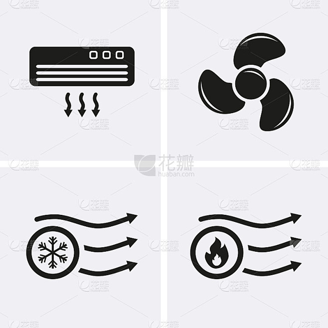HVAC(采暖、通风和空调)图标。加热和冷却技术。