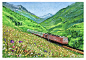 山谷、火车、油画棒、风景、重彩、点彩、风景、渐变、技法、渐变