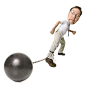 conceptual caricature of a caucasian man in a shirt and tie as he drags a big ball and chain around