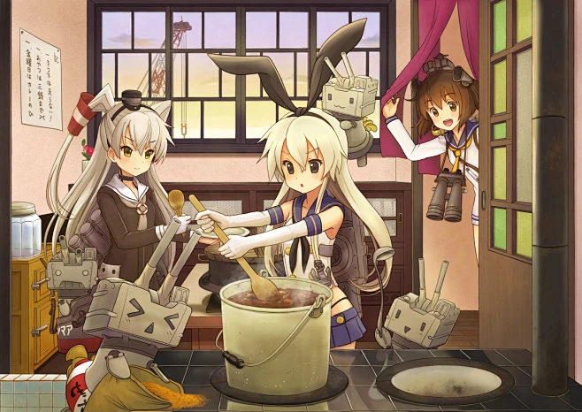 Anime 1480x1048 Shimakaze (Kancolle) Amatsukaze (Kancolle) Yukikaze (KanColle) Rensouhou-chan Kantai Collection hair ornament bunny ears open mouth gloves long hair short hair gray hair blonde yellow eyes kitchen