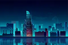 霓虹雷瑟渐变绚丽城市上海夜景建筑灯光插画手绘ai源文件设计素材