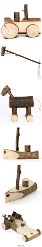 这些手工制作的木头玩具来自荷兰的设计机构Usuals，因其有点粗犷显得独特，木材是其中一位设计成员家里农场的榛子树。