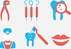 红蓝色牙医相关图标 https://88ICON.com 红蓝 牙医 拔牙 刷牙 嘴唇 诊断 口腔 拔牙工具