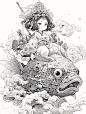 云游四海的鲤鱼公主|黑白人物插画线稿练习 - 小红书