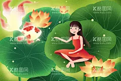 荷叶上玩耍的女孩  - 源文件下载【酷图网】女孩,漫画,荷叶,绿叶,美景,开心,荷花,创意,
