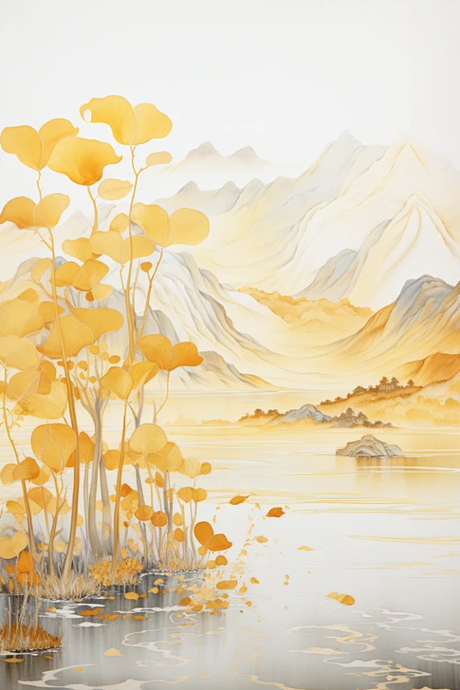 水墨画中国风金箔银杏叶秋季元素插画图片_素材精品图片素材-花瓣网