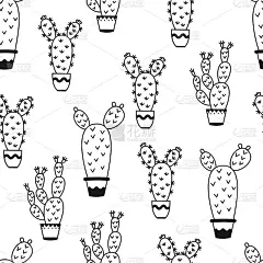 无缝模式与盆栽仙人掌矢量轮廓插图图纸设计包装，纺织品，背景，设计明信片和海报