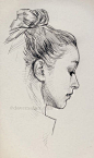David Malan, pencil {contemporary figurative beautiful female head woman portrait profile sketch cropped drawing}: 