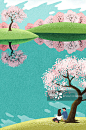 一对夫妇坐在樱花树和湖旁边的插图图片素材_ID:VCG211312398966-VCG.COM