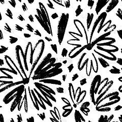 矢量无接缝图案水墨绘制野生植物，草本和花卉，单色植物插图，花卉元素，手绘可重复背景。艺术背景。