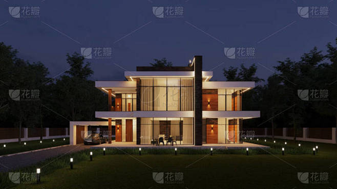 以森林为背景的现代房屋3D渲染。夜光的立...