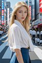  Masterpiece,best quality,8K,photographic reality,practical,octane rendering,Japan's bustling city streets (1 woman:1.4),(only one woman on screen:1.3),(white shirt),(long blond hair),(wrapped hip skirt),(blue eyes) upper body display,