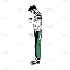 穿着牛仔裤和运动鞋的潮男。在白色背景矢量插图上有一杯咖啡的角色。每股收益10