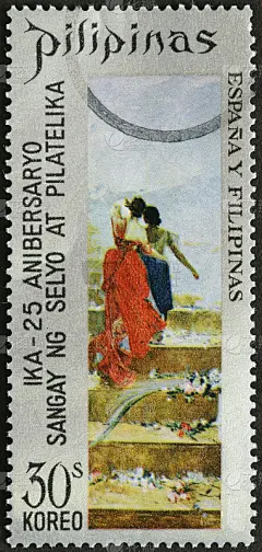 两个女人在石阶上，菲律宾邮票