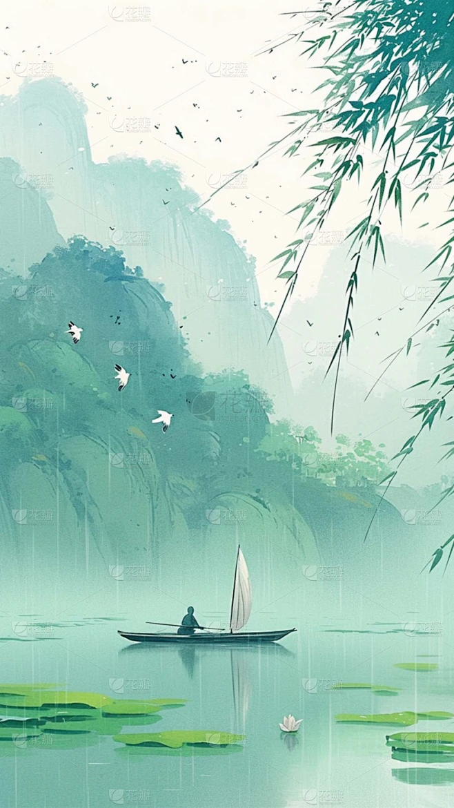 清明通用插画水墨风山水柳叶背景场景图片素材素材-花瓣网