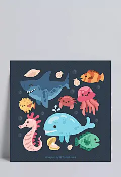 卡通海洋动物|鲨鱼,鲸鱼,热带鱼,河豚,螃蟹,贝壳,珍珠,水母,海马,海螺,气泡,卡通,海洋动物,动物,矢量图,AI格式
