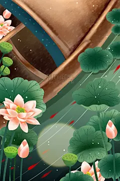 古风夏夜荷塘荷花池手绘插画