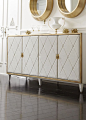 TOP PICK By Beth Dotolo   Carolina V Gentry - http://pulpdesignstudios.com - BERNHARDT - Jet Set Buffett/ 356-132C - White Pearl finish on maple veneers. Gold Leaf finish on the front frame. Four doors wrapped in padded diamond-tufted white bonded leather