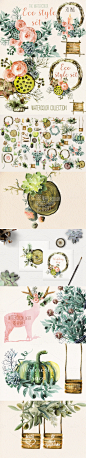 cm063复古自然花环模板南瓜蜡烛树墩年轮手绘水彩PNG店铺设计素材-淘宝网