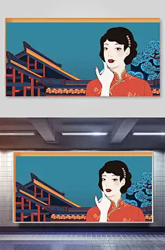 旗袍少女国潮海报背景素材