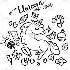 可爱的独角兽和小马收集魔法物品，彩虹，仙女的翅膀，水晶，云彩，药水。手绘线条风格。