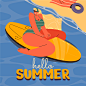 夏天暑假海边沙滩旅游度假冲浪滑板游泳日光浴插画海报ai设计素材-淘宝网
