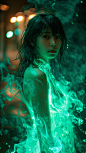 full body photography, an adorable Japanese young idol girl wearing completely green-fire-like transparent dress, photo shoot, real shot, film, filming,
