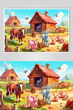 AI数字艺术卡通小马小牛农庄农场插画图片-众图网