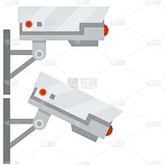 视频监控摄像机。卡通平面插图。固定在墙上。