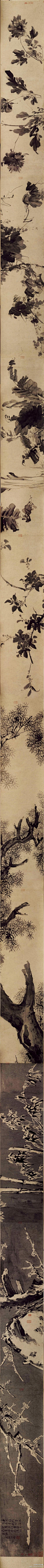 【 明 徐渭 《四时花卉图》 】卷，纸本，29.9×1081.7cm，北京故宫博物院藏。 作者分别以大写意手法绘牡丹、芍药、葡萄、芭蕉，以兼工带写的手法绘桂花与苍松，以烘托法描绘雪中的竹、石、梅花，技法灵活多样，笔墨酣畅，不拘泥于形，旨在追求神韵。从卷尾自识看，画家是借物抒发胸中的抑郁。