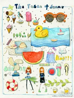 夏天的符号：西瓜、蝉鸣、蛐蛐、阳光、海滩、汽水、风扇、凉拖、冰淇淋、潜水镜、游泳圈、太阳帽、稻香..