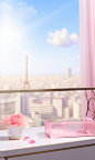a pink box with flowers in it, white curtains，in the style of grandiose cityscape views, the Eiffel Tower in the city, sun halo in the foreground,anime inspired, glass as material, soft and dreamy atmosphere, spectacular backdrops, playful details, spatia